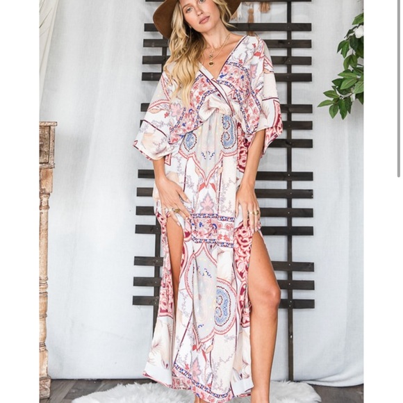 Multi Stripe Floral Print V-Neck Dolman Sleeves Maxi Dress with Side… - Picture 5 of 16